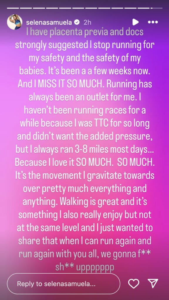 Selena Samuela's Instagram Story providing update on running classes.